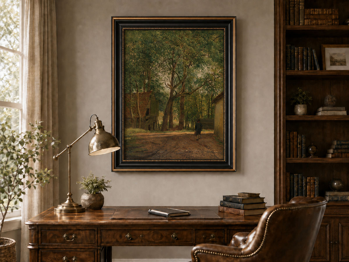 Peinture à l'huile de paysage - Rivière printanière avec pêcheur et arbres