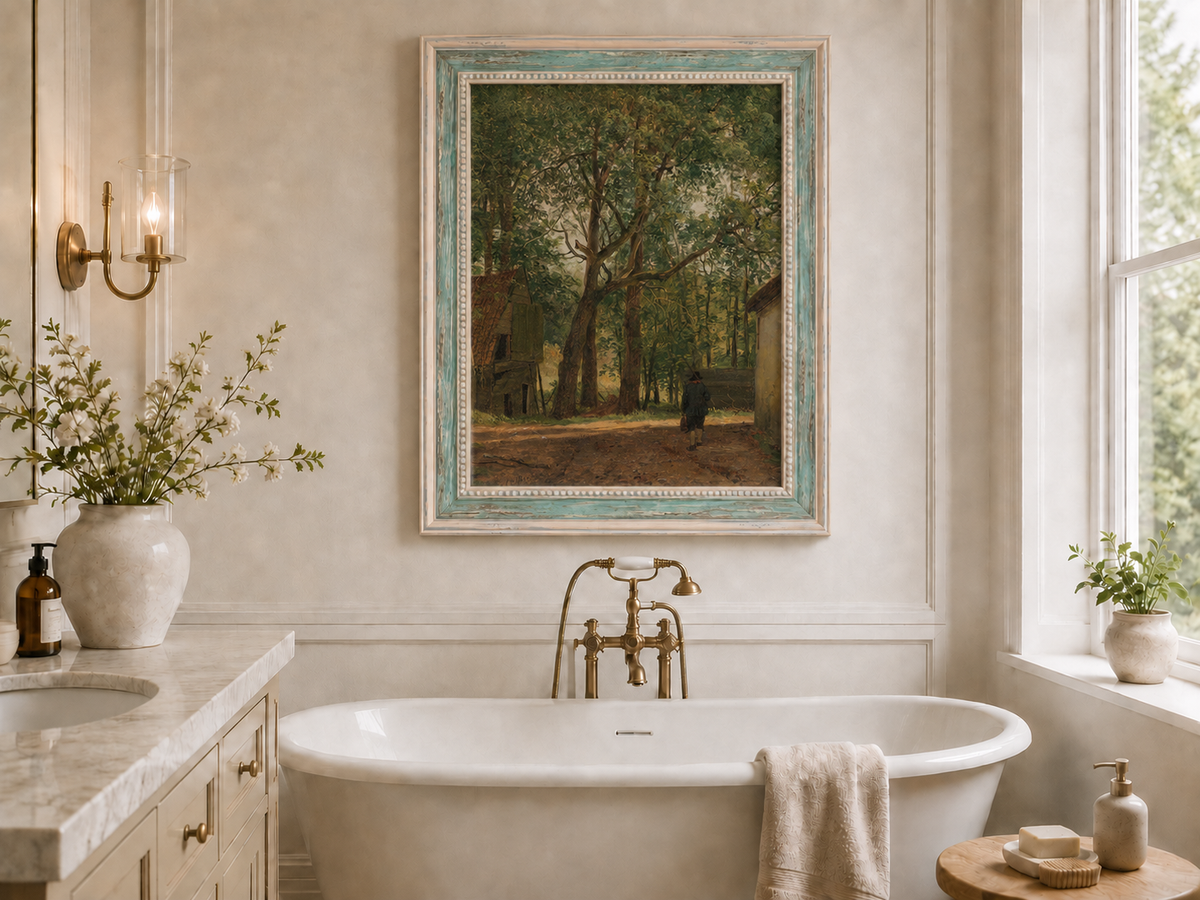Peinture à l'huile de paysage - Rivière printanière avec pêcheur et arbres