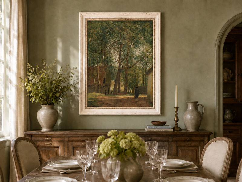 Peinture à l'huile de paysage - Rivière printanière avec pêcheur et arbres
