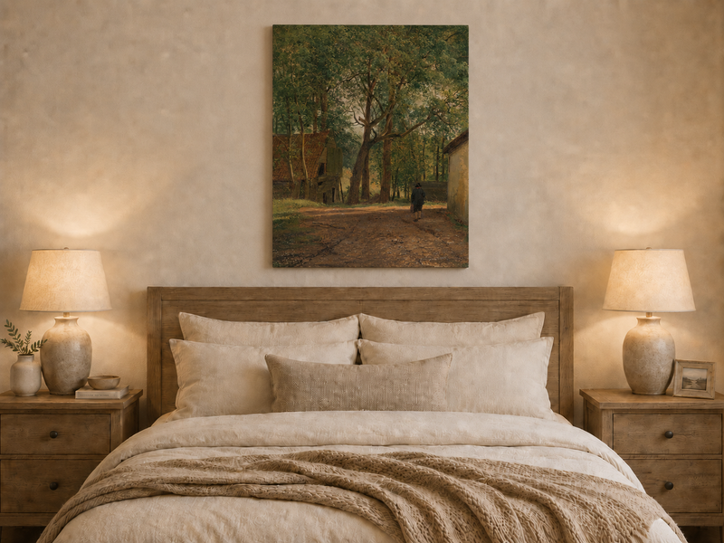 Peinture à l'huile de paysage - Rivière printanière avec pêcheur et arbres