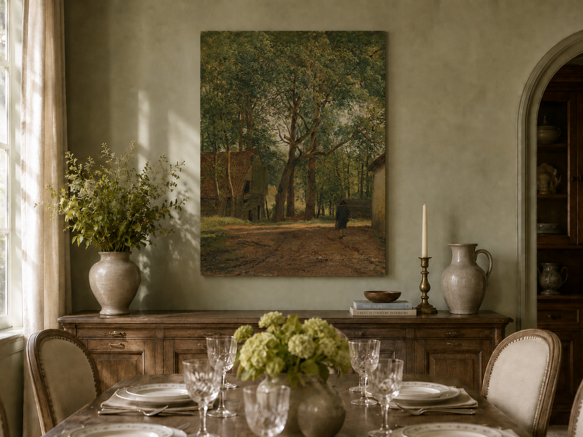 Peinture à l'huile de paysage - Rivière printanière avec pêcheur et arbres