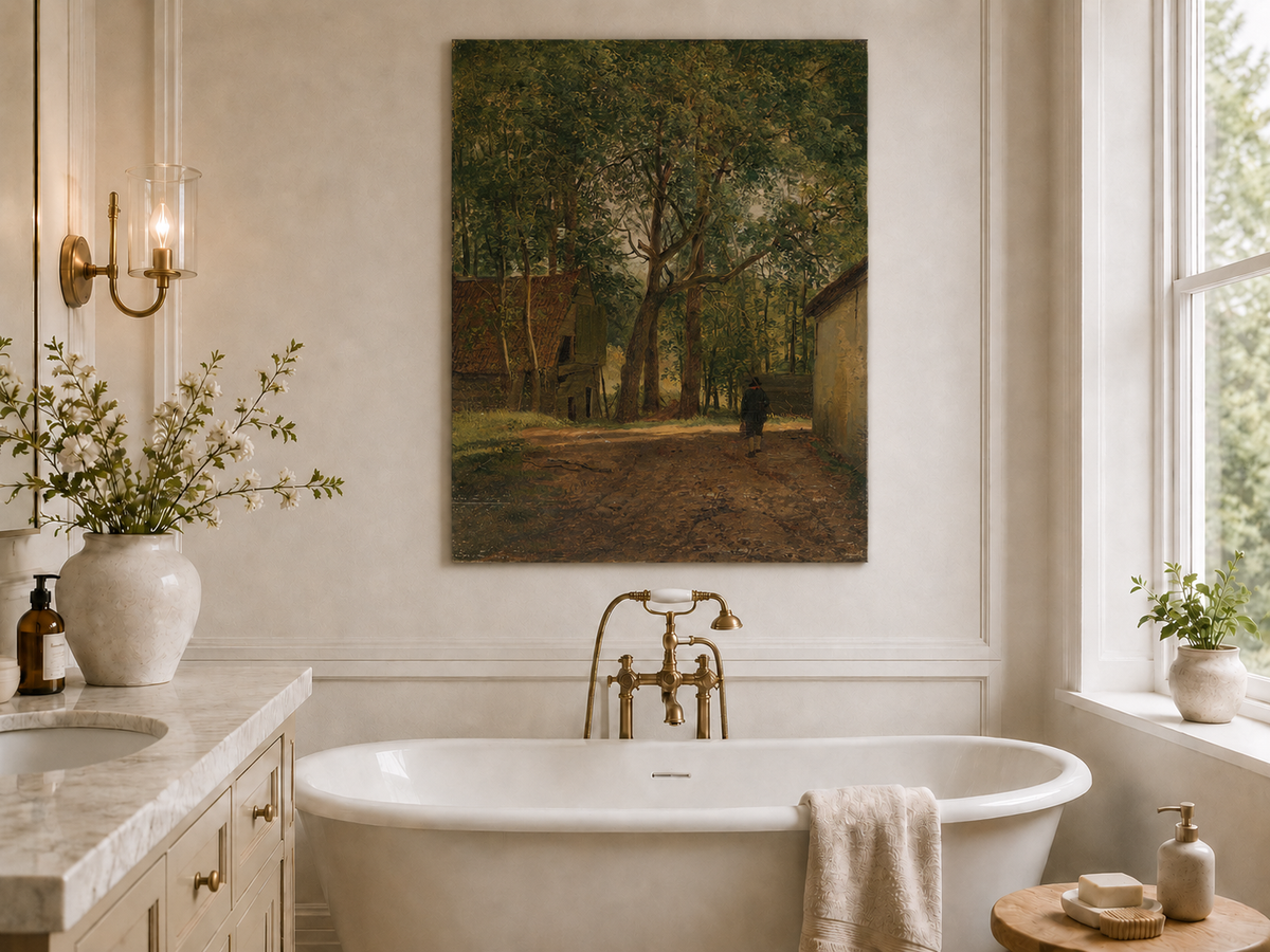 Peinture à l'huile de paysage - Rivière printanière avec pêcheur et arbres