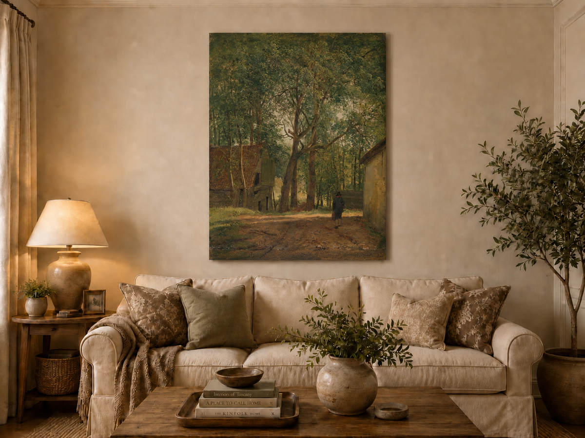 Peinture à l'huile de paysage - Rivière printanière avec pêcheur et arbres