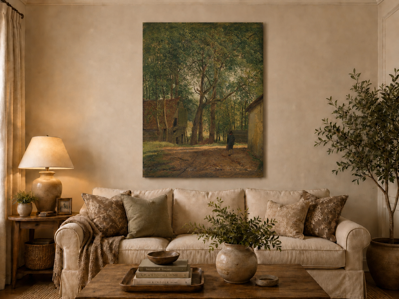Peinture à l'huile de paysage - Rivière printanière avec pêcheur et arbres