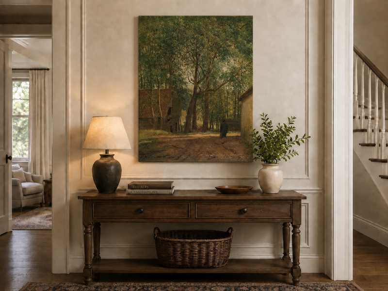 Peinture à l'huile de paysage - Rivière printanière avec pêcheur et arbres
