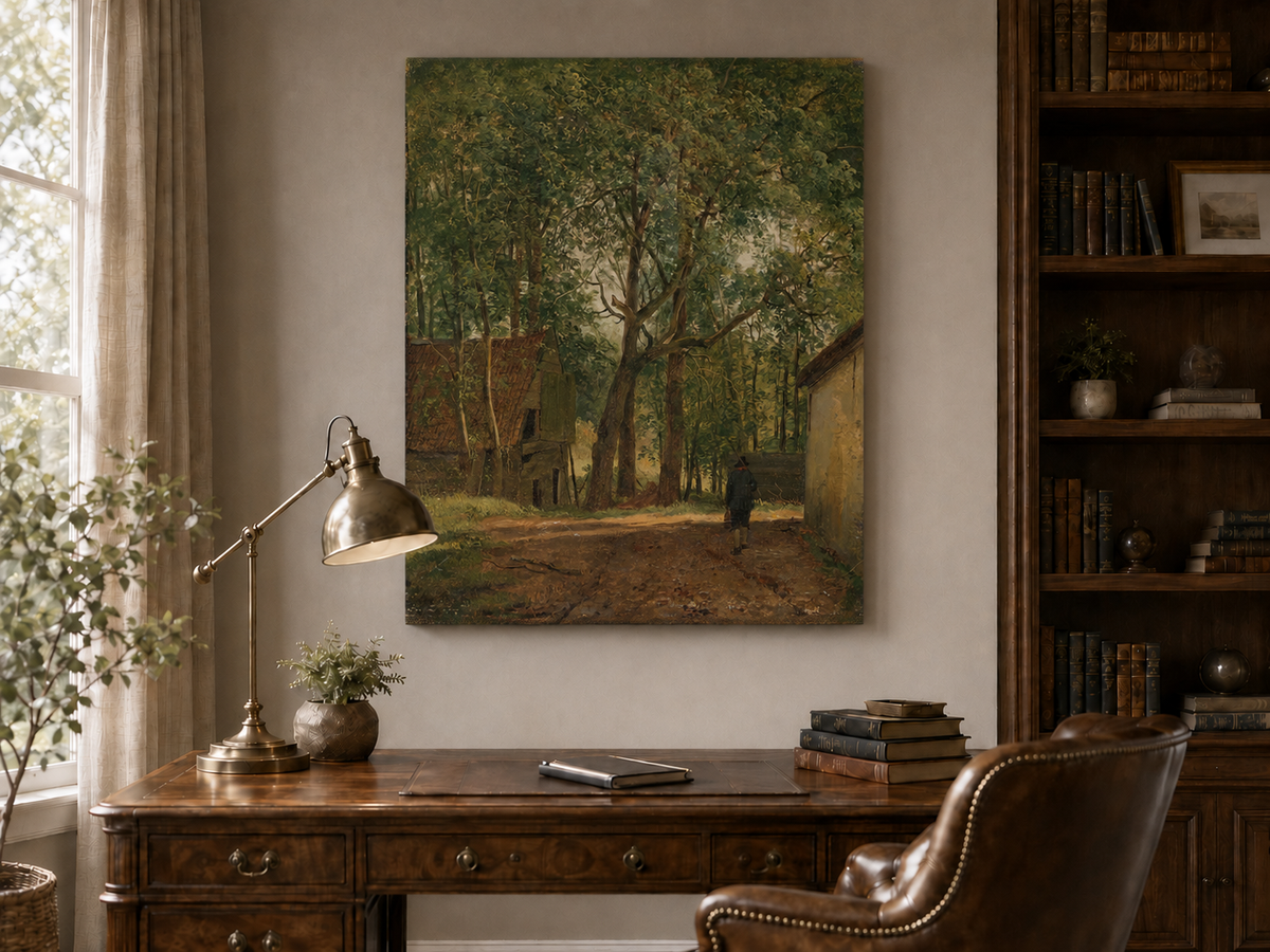 Peinture à l'huile de paysage - Rivière printanière avec pêcheur et arbres