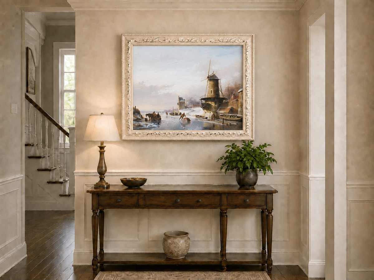 Landscape Oil Painting - Winter Canal with Windmill & Figures