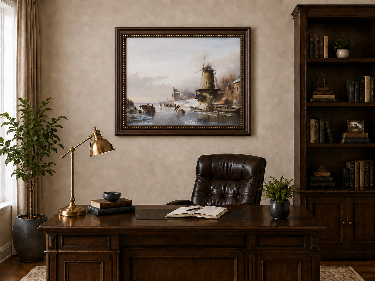 Landscape Oil Painting - Winter Canal with Windmill & Figures