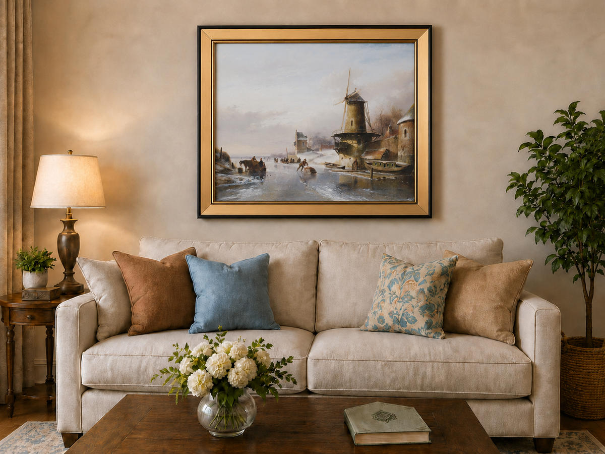 Landscape Oil Painting - Winter Canal with Windmill & Figures
