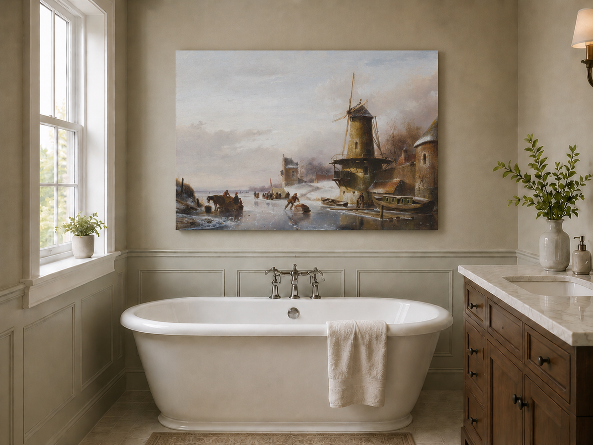Landscape Oil Painting - Winter Canal with Windmill & Figures