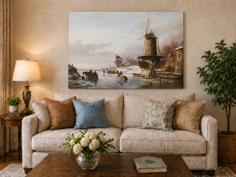 Landscape Oil Painting - Winter Canal with Windmill & Figures
