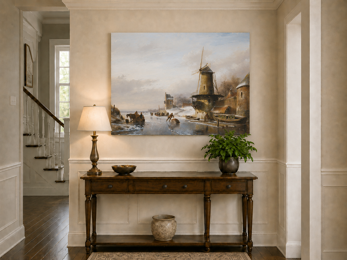 Landscape Oil Painting - Winter Canal with Windmill & Figures