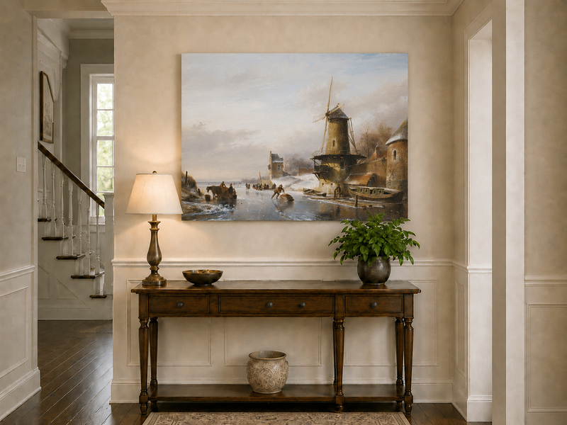 Landscape Oil Painting - Winter Canal with Windmill & Figures