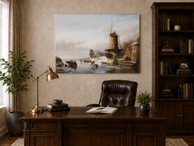 Landscape Oil Painting - Winter Canal with Windmill & Figures
