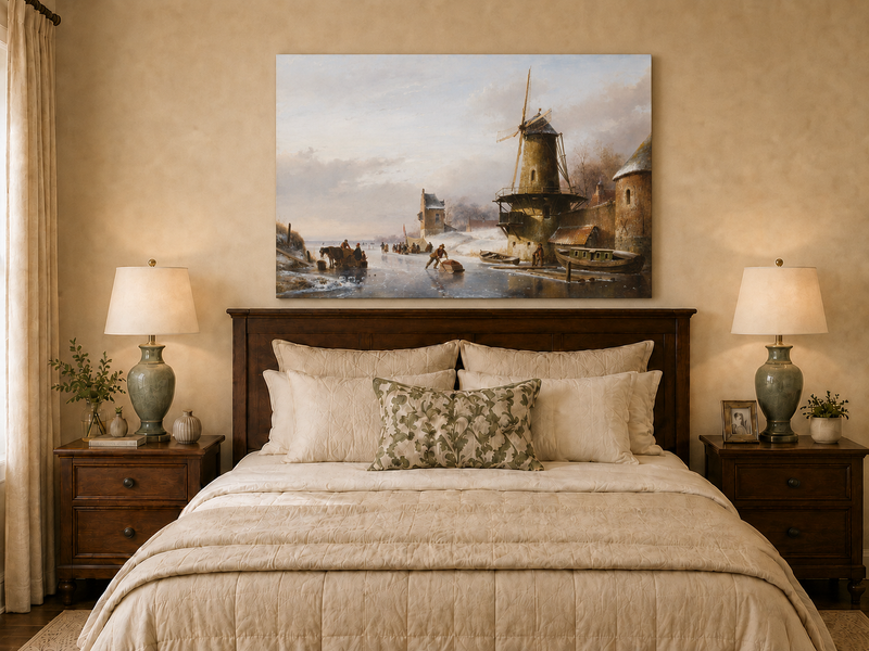 Landscape Oil Painting - Winter Canal with Windmill & Figures
