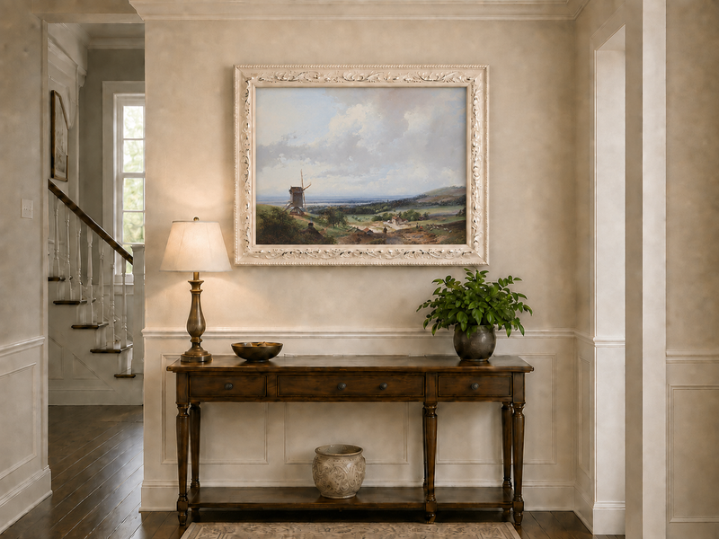 Landscape Oil Painting - Countryside with Windmill & Figures