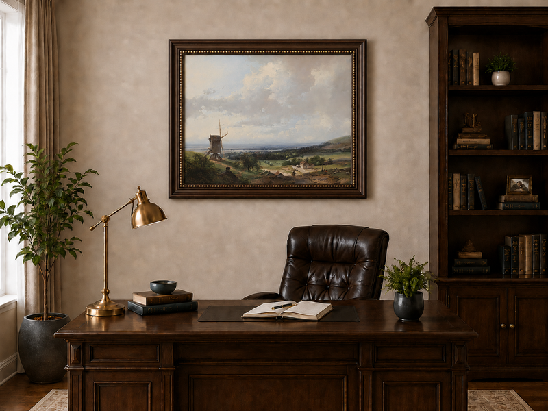 Landscape Oil Painting - Countryside with Windmill & Figures