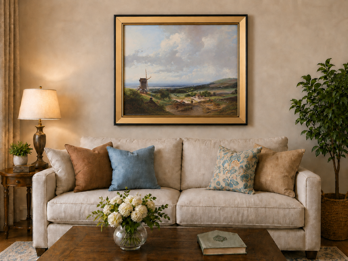 Landscape Oil Painting - Countryside with Windmill & Figures