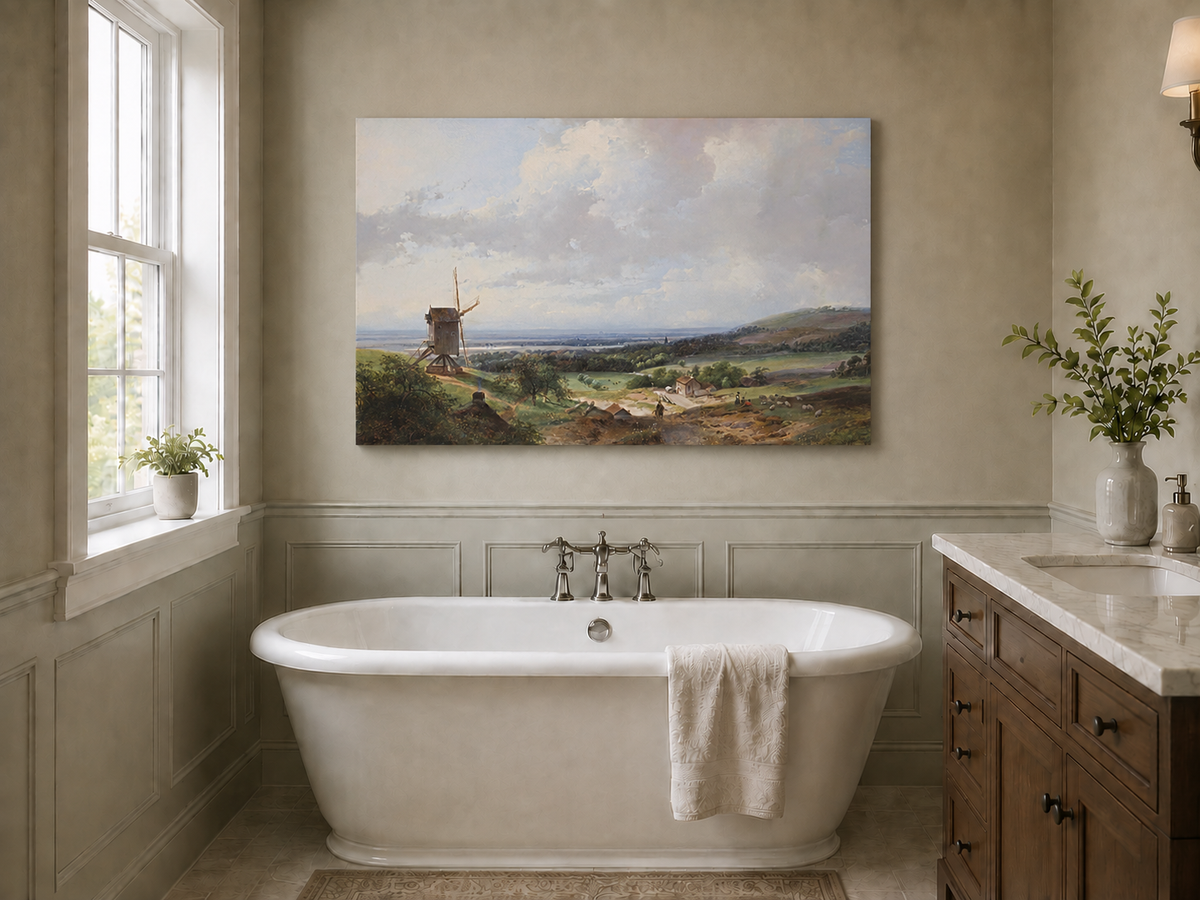 Landscape Oil Painting - Countryside with Windmill & Figures