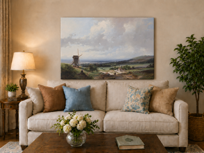 Landscape Oil Painting - Countryside with Windmill & Figures