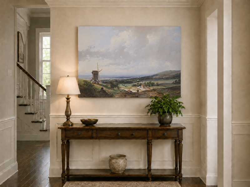 Landscape Oil Painting - Countryside with Windmill & Figures