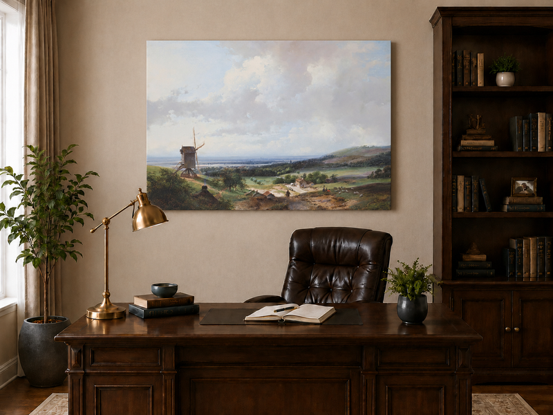 Landscape Oil Painting - Countryside with Windmill & Figures