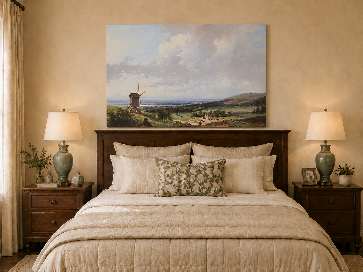 Landscape Oil Painting - Countryside with Windmill & Figures