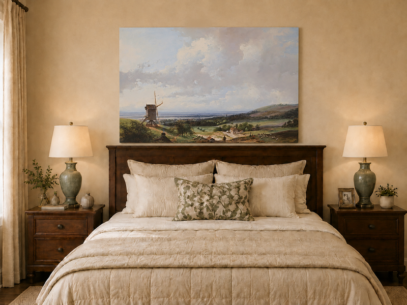 Landscape Oil Painting - Countryside with Windmill & Figures