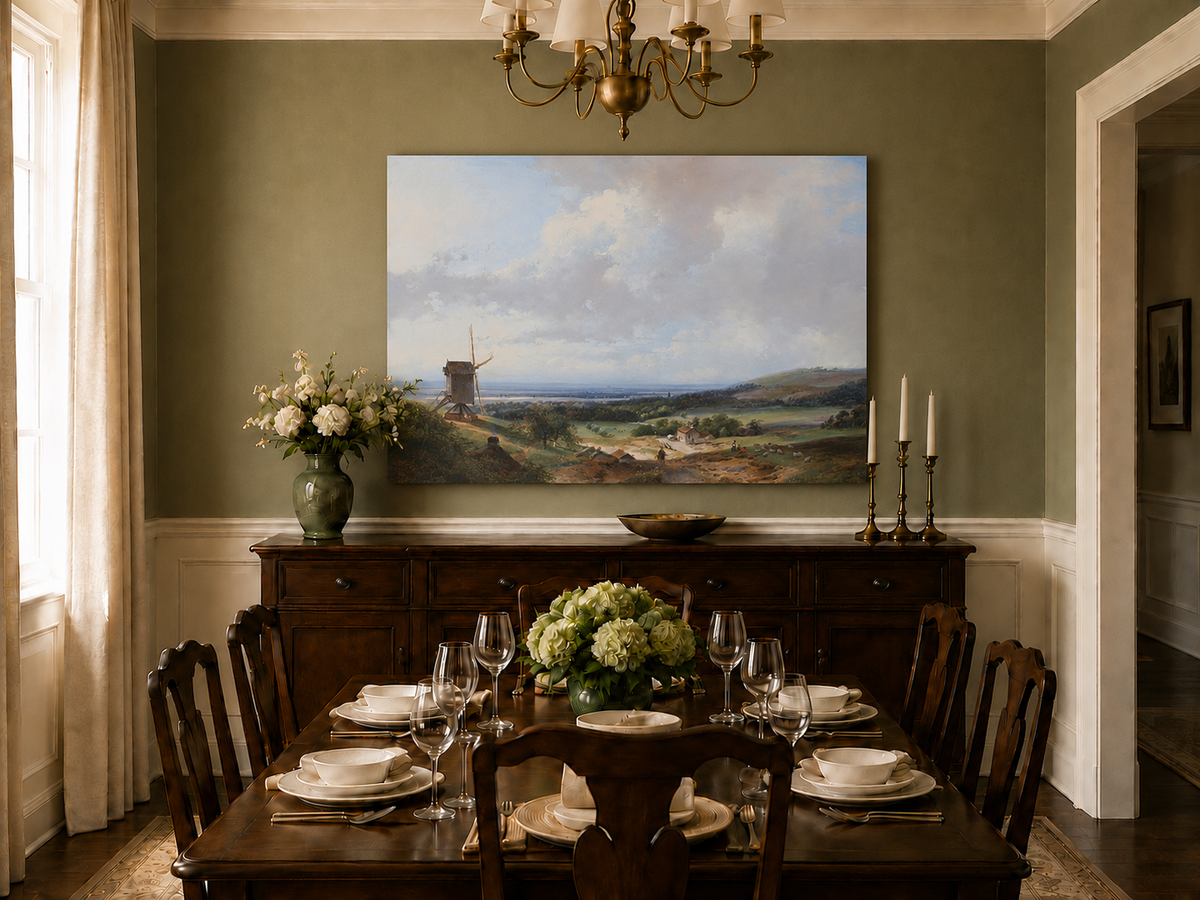 Landscape Oil Painting - Countryside with Windmill & Figures