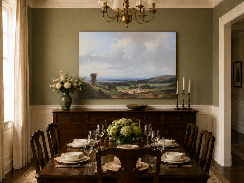 Landscape Oil Painting - Countryside with Windmill & Figures
