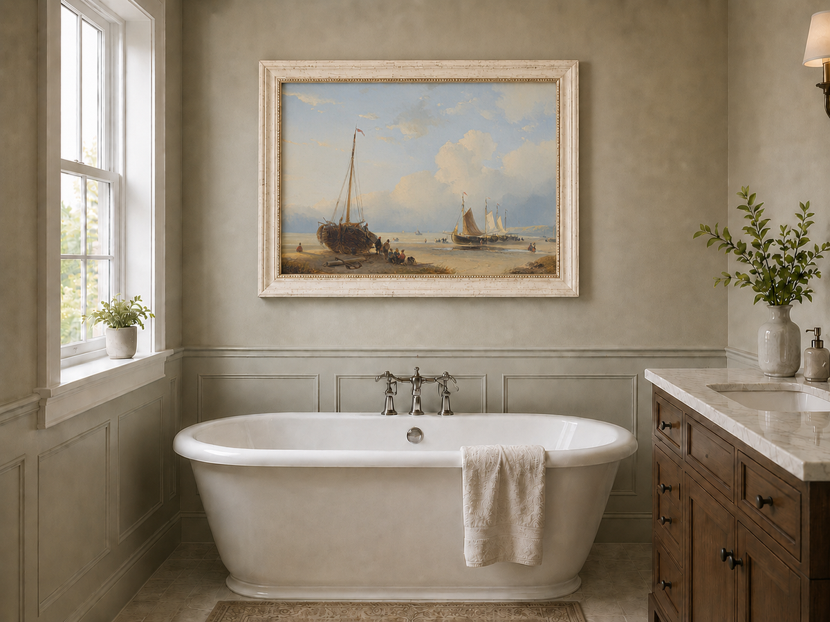 Peinture à l'huile de paysage - Plage avec bateaux, personnages et ciel