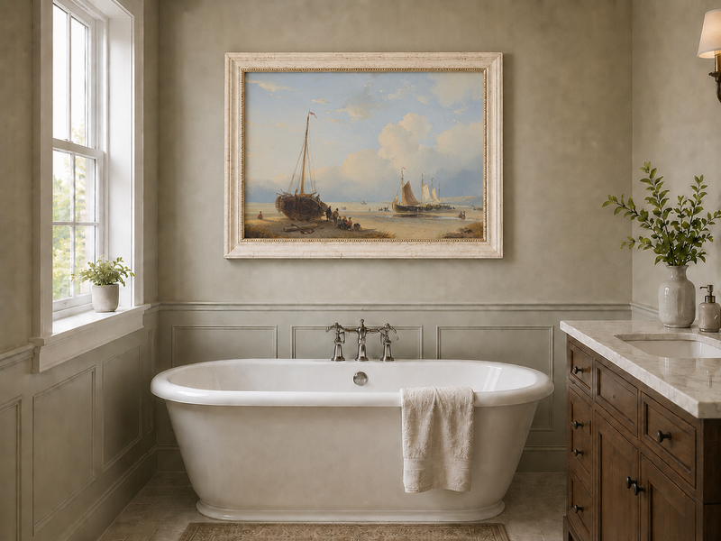 Peinture à l'huile de paysage - Plage avec bateaux, personnages et ciel