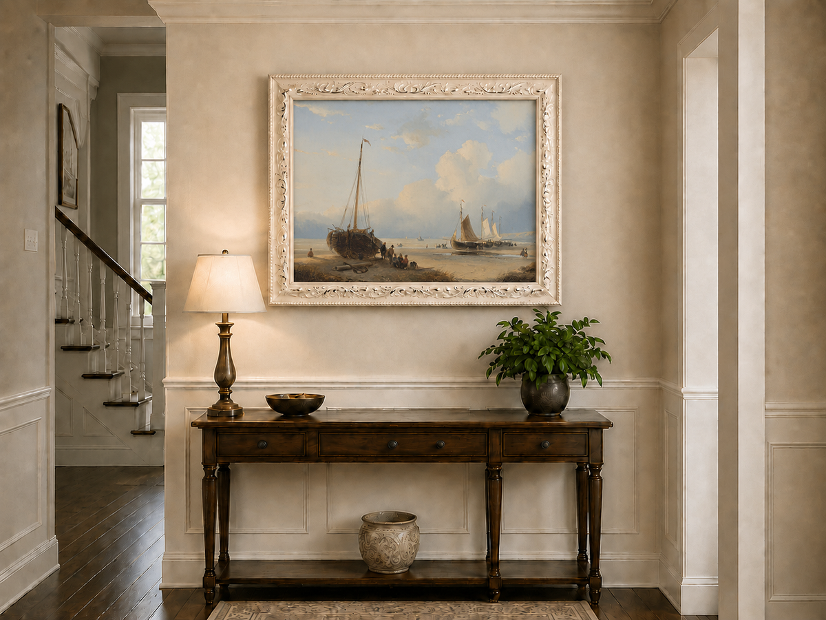 Peinture à l'huile de paysage - Plage avec bateaux, personnages et ciel