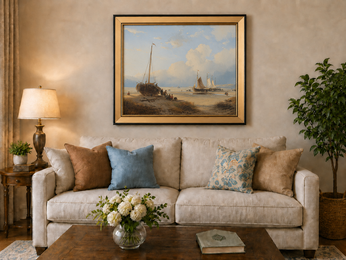 Peinture à l'huile de paysage - Plage avec bateaux, personnages et ciel
