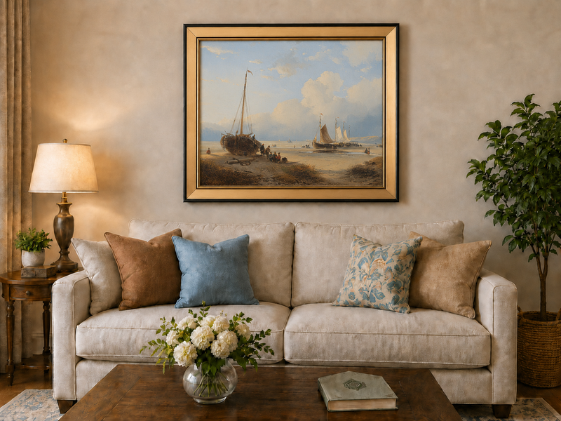 Peinture à l'huile de paysage - Plage avec bateaux, personnages et ciel