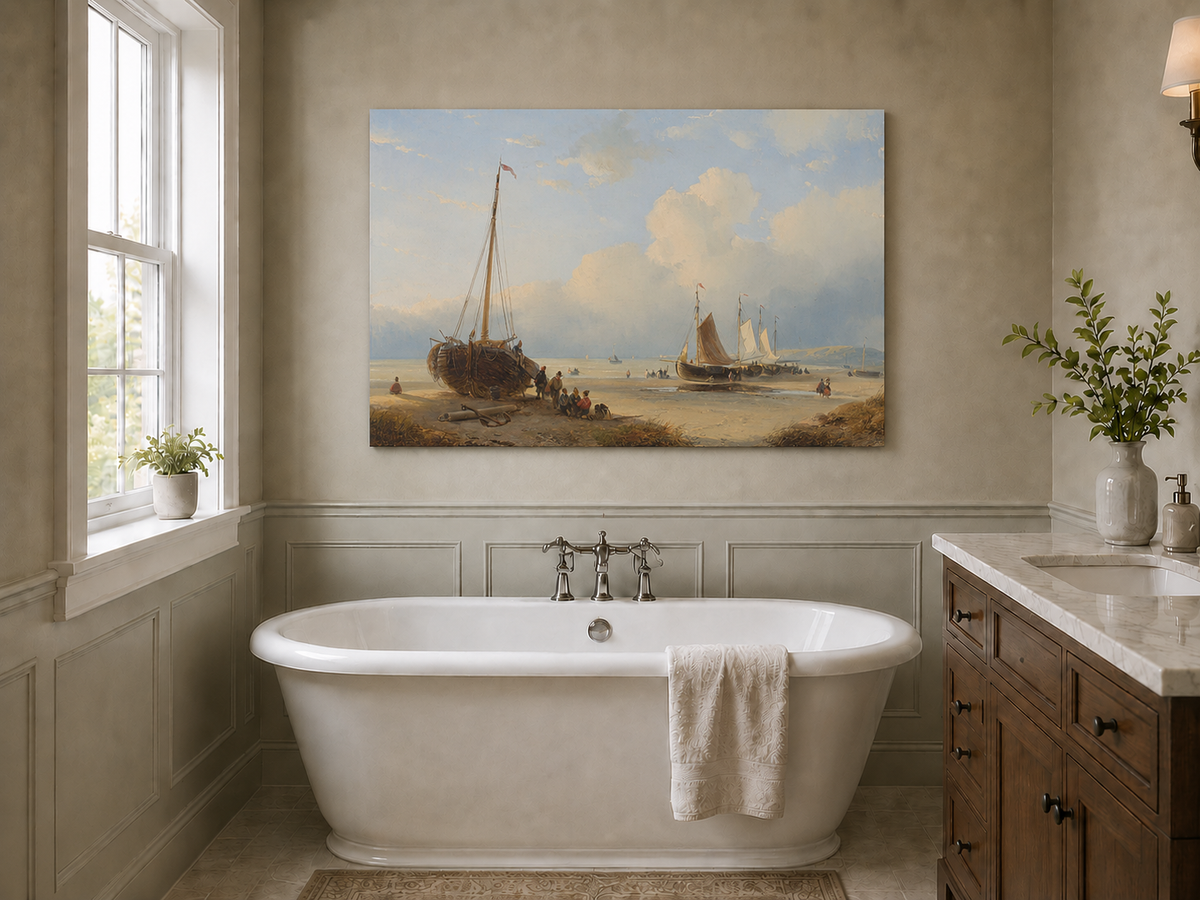 Peinture à l'huile de paysage - Plage avec bateaux, personnages et ciel