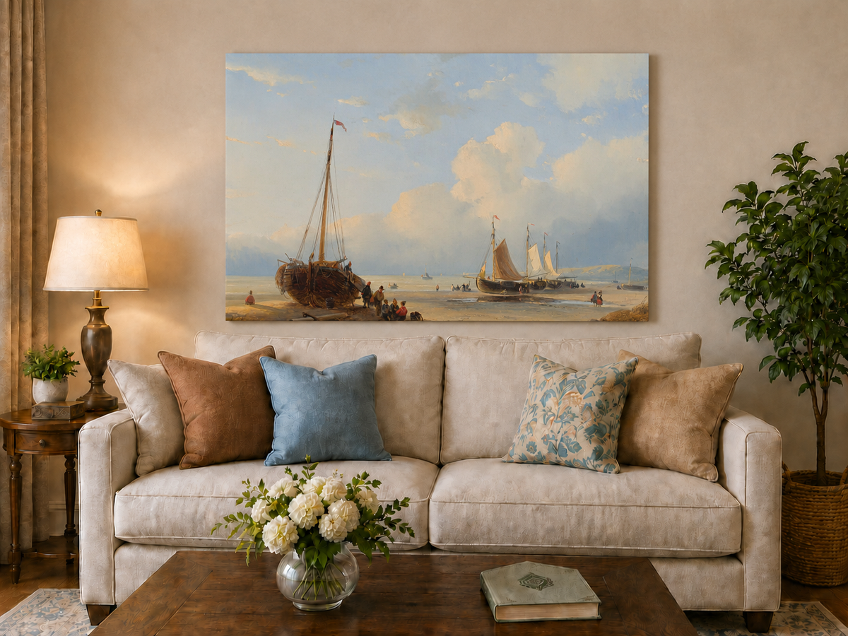 Peinture à l'huile de paysage - Plage avec bateaux, personnages et ciel