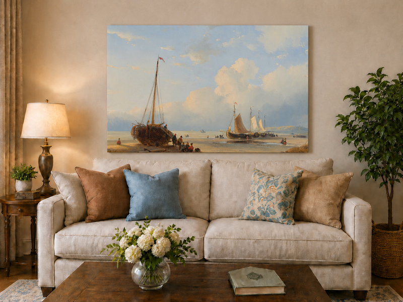Peinture à l'huile de paysage - Plage avec bateaux, personnages et ciel