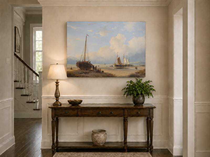 Peinture à l'huile de paysage - Plage avec bateaux, personnages et ciel
