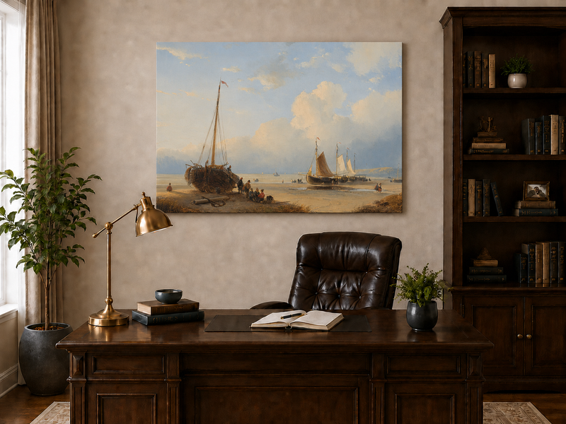 Peinture à l'huile de paysage - Plage avec bateaux, personnages et ciel