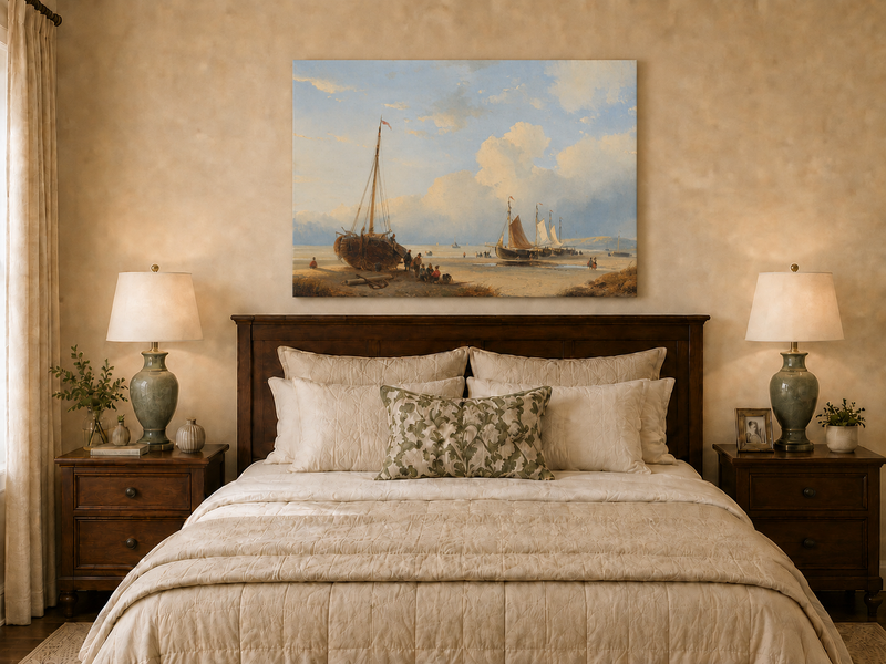 Peinture à l'huile de paysage - Plage avec bateaux, personnages et ciel