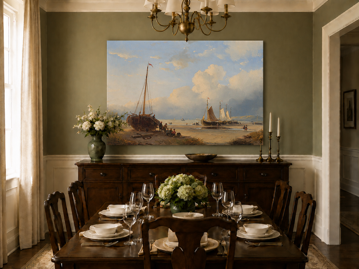 Peinture à l'huile de paysage - Plage avec bateaux, personnages et ciel