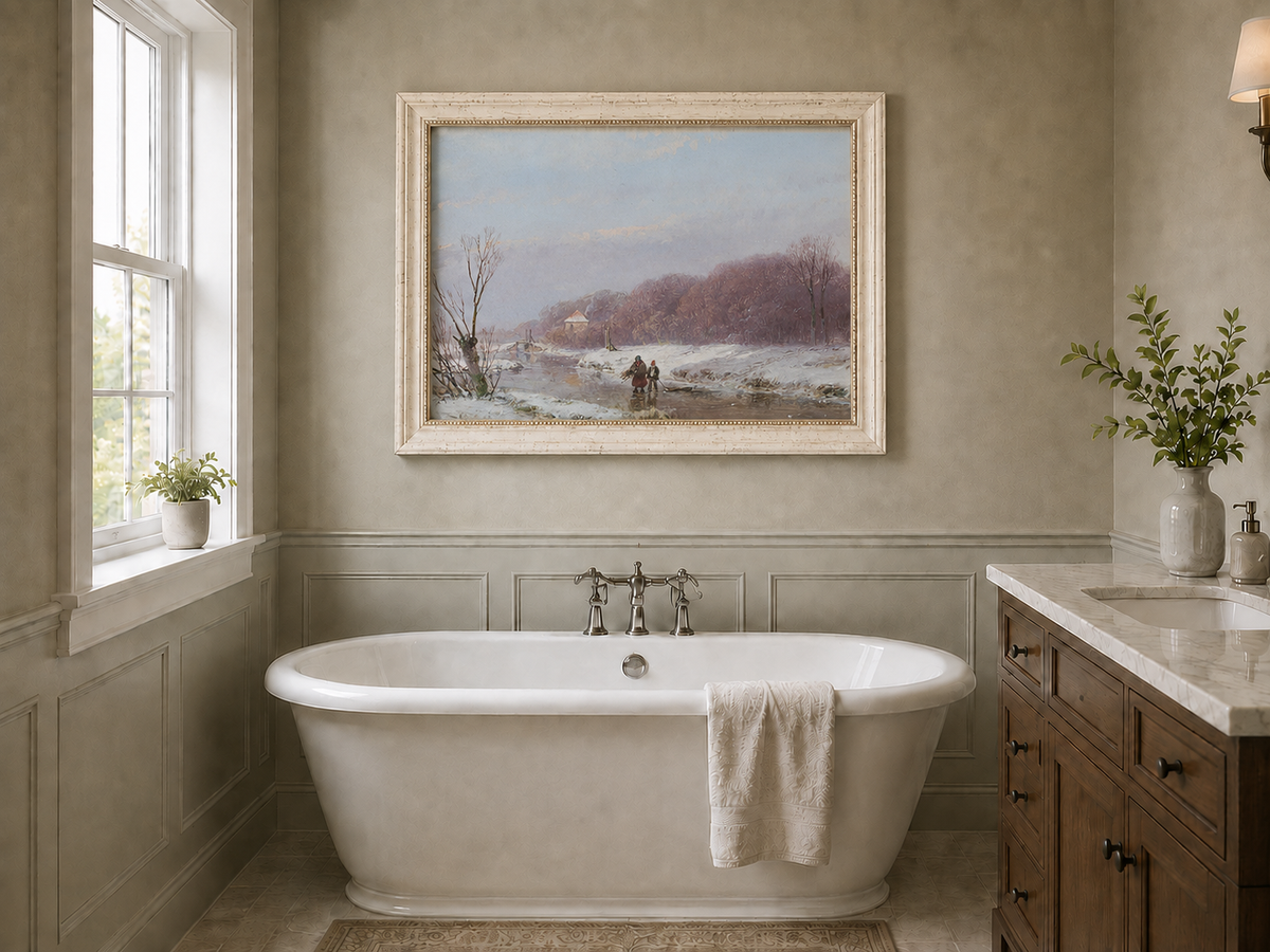Landscape Oil Painting - Winter River with Figures & Snow