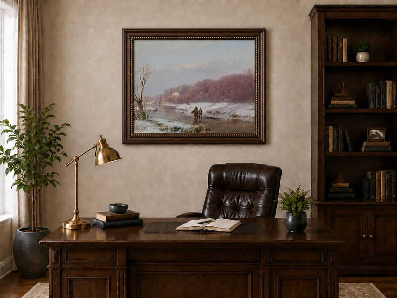 Landscape Oil Painting - Winter River with Figures & Snow