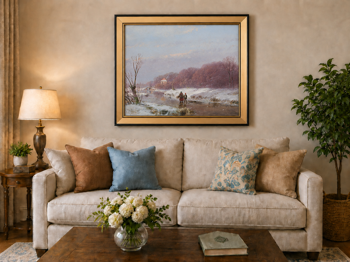 Landscape Oil Painting - Winter River with Figures & Snow