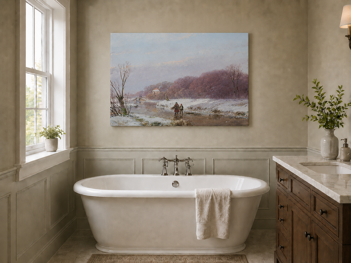 Landscape Oil Painting - Winter River with Figures & Snow
