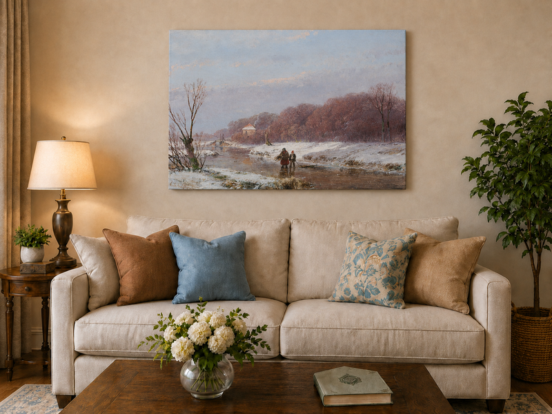 Landscape Oil Painting - Winter River with Figures & Snow
