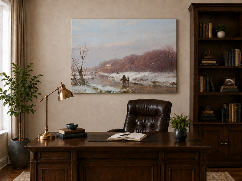 Landscape Oil Painting - Winter River with Figures & Snow
