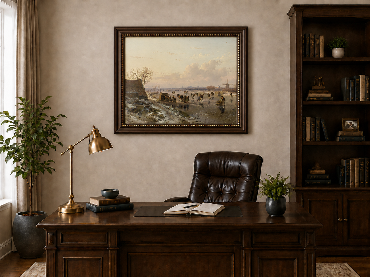 Landscape Oil Painting - Winter Canal with Skaters & Windmill