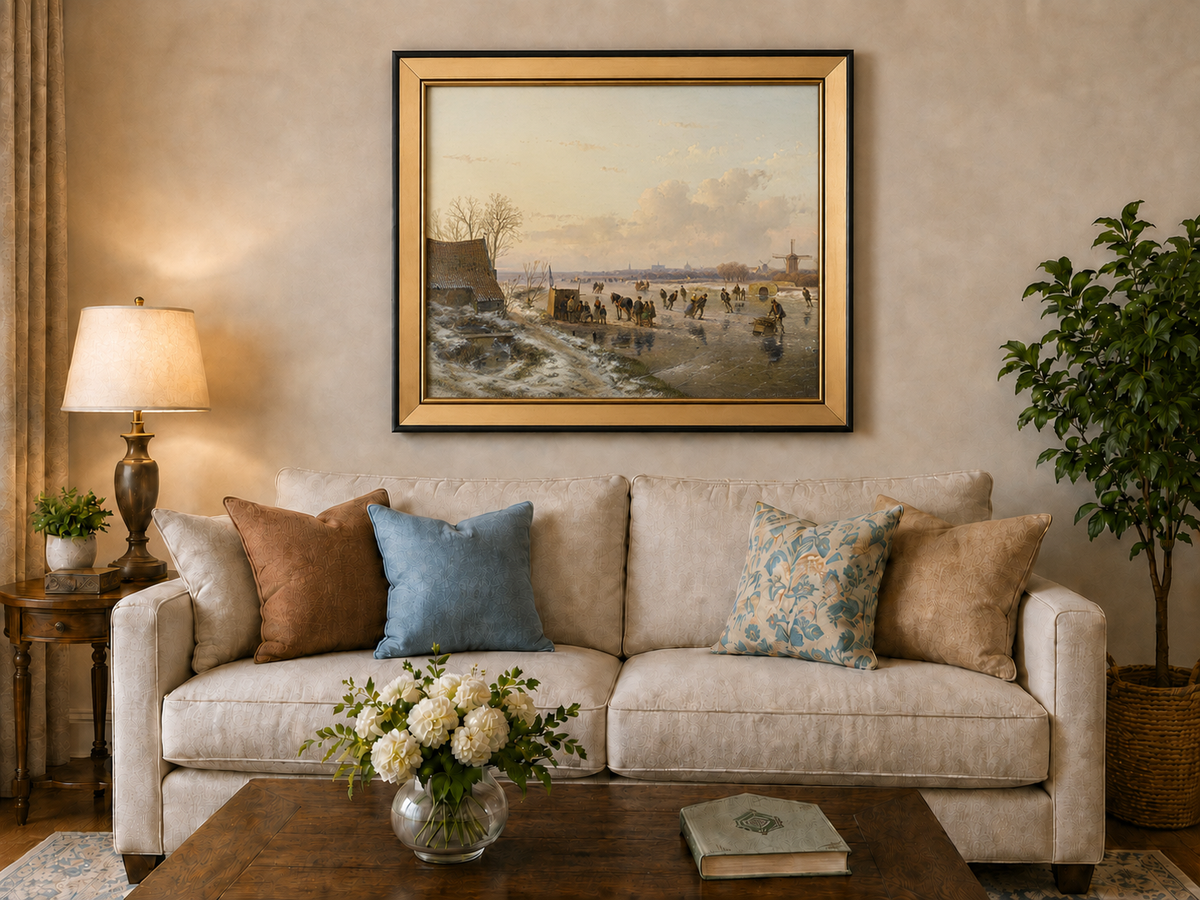 Landscape Oil Painting - Winter Canal with Skaters & Windmill